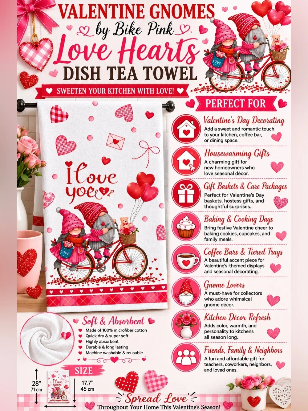 Valentine Gnomes by Bike Pink Love Hearts Dish Tea Towel